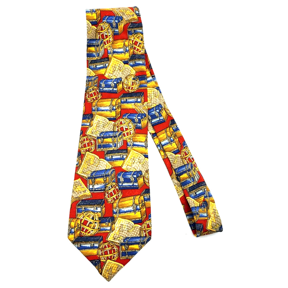 Vtg Alviero Martini Handmade Silk Tie Italy Old World Maps Treasure Red Gold 60"